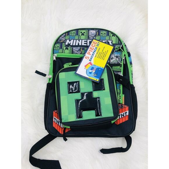 New Kids‎ Minecraft 5-Piece Backpack Set Green & Black Christmas Gift For Kid - Picture 1 of 4